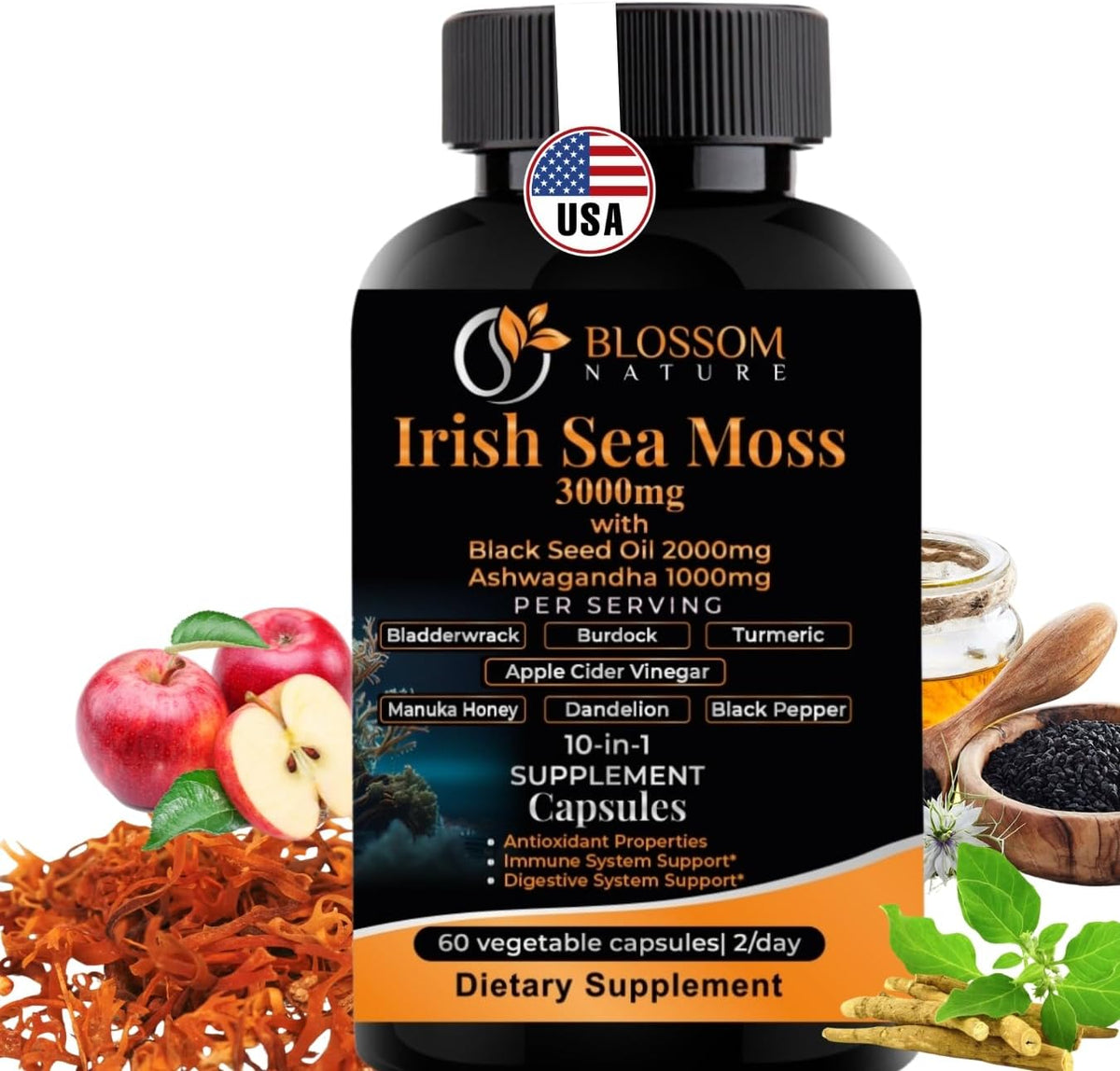 10-in-1 Irish Sea Moss Veggie Caps 3000mg - Blossom Nature - görsel 1