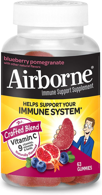 Airborne 750mg Vitamin C Gummies for Adults, Immune Support Supplement with Antioxidants Vitamins A, C & E – 63 Gummies, Blueberry Pomegranate Flavour