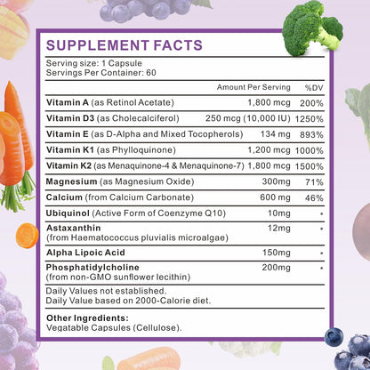 ADEK Vitamins Supplement – Vitamin A, D3, E, K1, K2 with Minerals & Antioxidants, 60 Capsules
