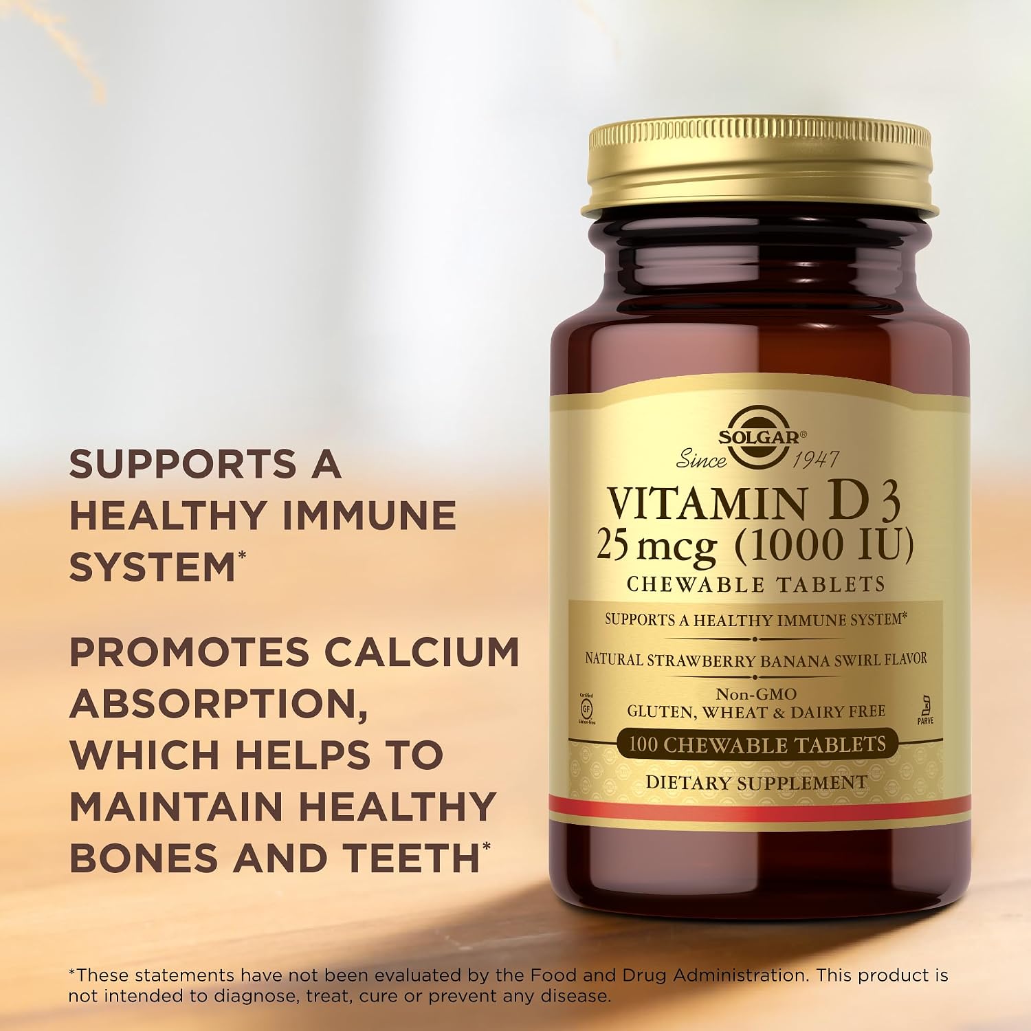 Solgar Vitamin D3 (Cholecalciferol) 25 mcg (1000 IU) Chewable Tablets, Natural Strawberry & Banana - 100 Tablets - görsel 5