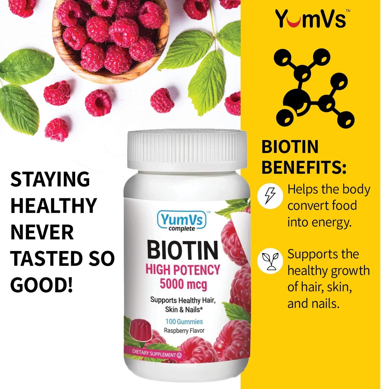 YUM-V's Biotin Gummies – High Potency Biotin 5,000 mcg – Natural Raspberry Flavour – Hair, Skin and Nails Support (100 Count) - görsel 3
