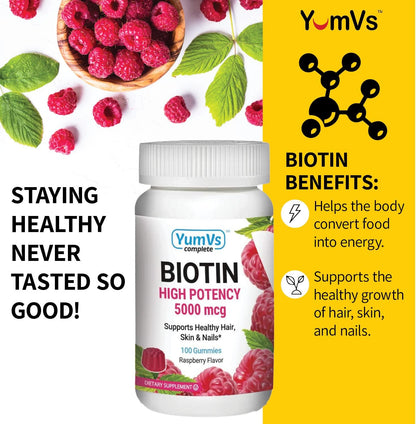 YUM-V's Biotin Gummies – High Potency Biotin 5,000 mcg – Natural Raspberry Flavour – Hair, Skin and Nails Support (100 Count)