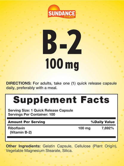 Sundance Vitamin B2 100mg – Riboflavin Food Supplement, 100 Capsules