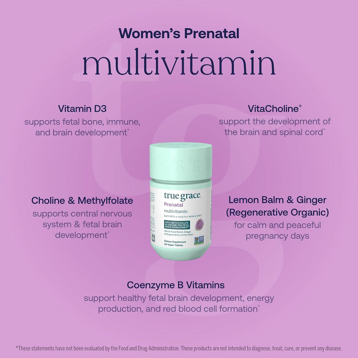 True Grace Prenatal Multivitamin - 30 Servings - Supports a Healthy Mum & Baby with Methylfolate & Choline for Foetal Brain Development - Gluten-free, Soya-free - 60 Vegan Tablets - görsel 3