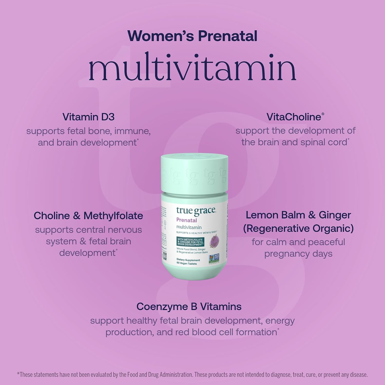 True Grace Prenatal Multivitamin - 30 Servings - Supports a Healthy Mum & Baby with Methylfolate & Choline for Foetal Brain Development - Gluten-free, Soya-free - 60 Vegan Tablets - görsel 3