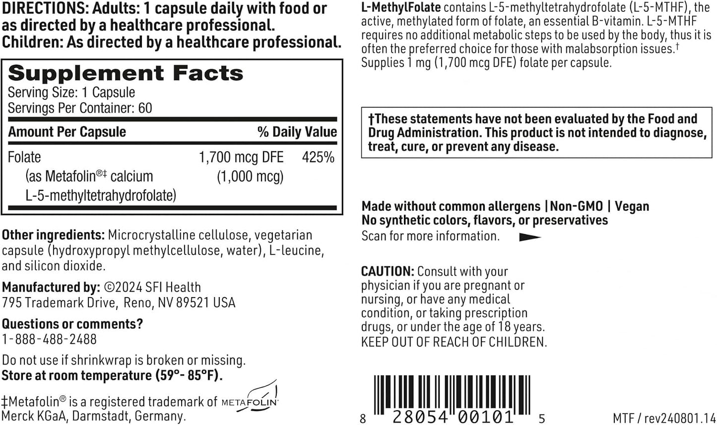 Klaire Labs SFI Health L-Methylfolate - 1000 mcg (1 mg) Metafolin L-5-MTHF, 60 Capsules - görsel 5