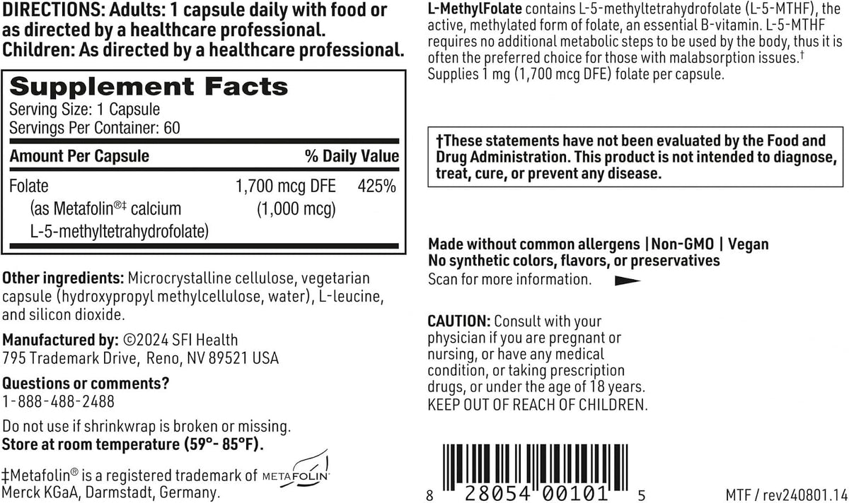 Klaire Labs SFI Health L-Methylfolate - 1000 mcg (1 mg) Metafolin L-5-MTHF, 60 Capsules - görsel 5
