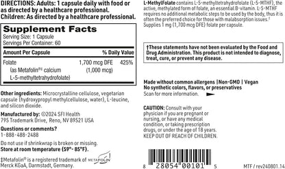 Klaire Labs SFI Health L-Methylfolate - 1000 mcg (1 mg) Metafolin L-5-MTHF, 60 Capsules