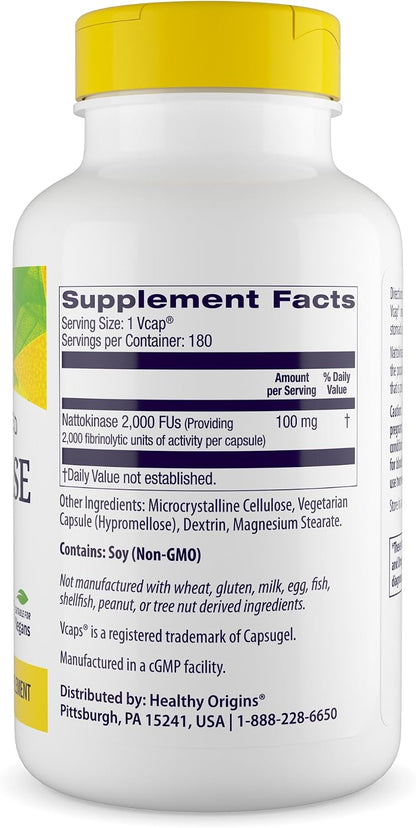 Healthy Origins Nattokinase 2,000 FU (100 mg) – Non-GM, Gluten-Free, Circulatory Support – 180 Vegan Capsules