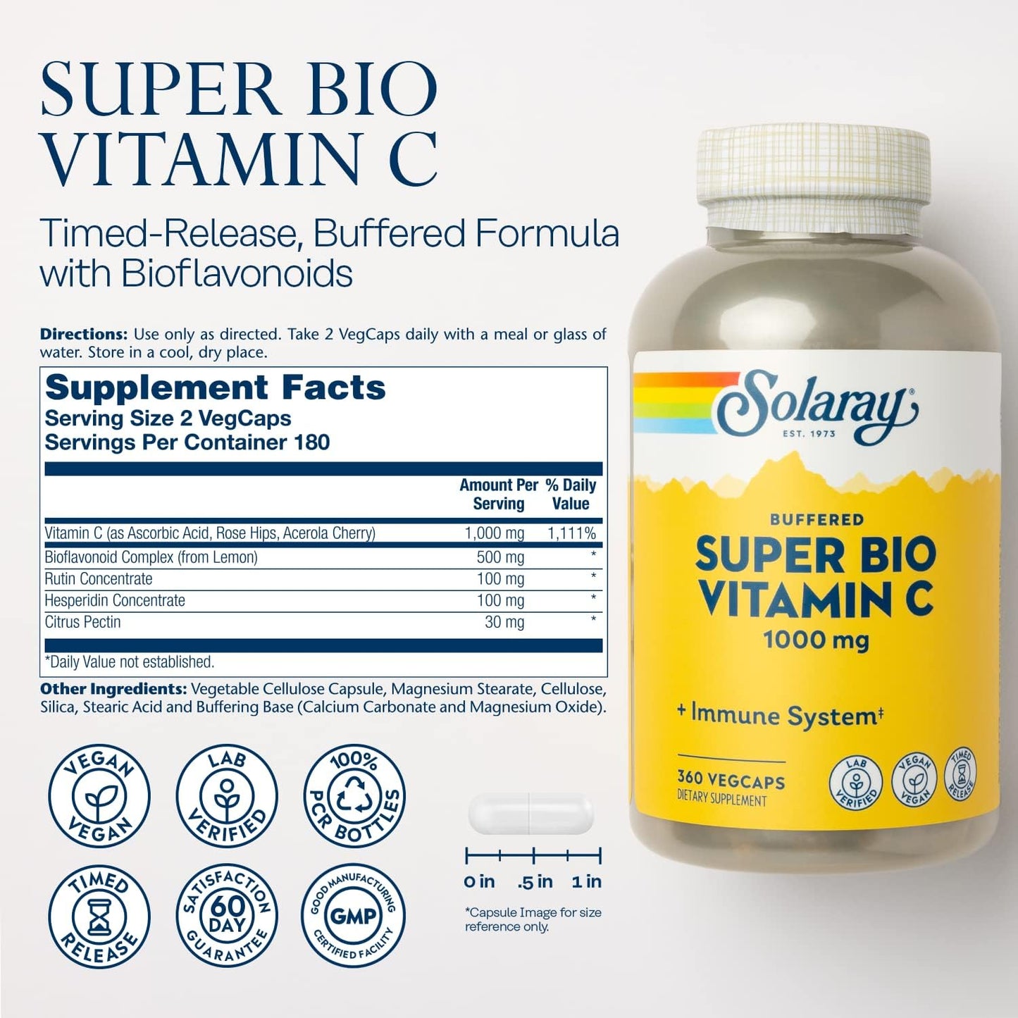 SOLARAY Super Bio Buffered Vitamin C 1000mg – Two-Stage Timed Release with Bioflavonoids – Immune System Support – High Absorption, Vegan, 60 Day Guarantee, 180 Servings, 360 VegCaps - görsel 2