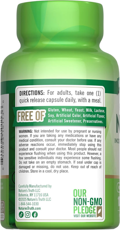 Nature's Truth Flush Free Niacin 500mg, 100 Capsules – Non-GMO & Gluten-free Food Supplement