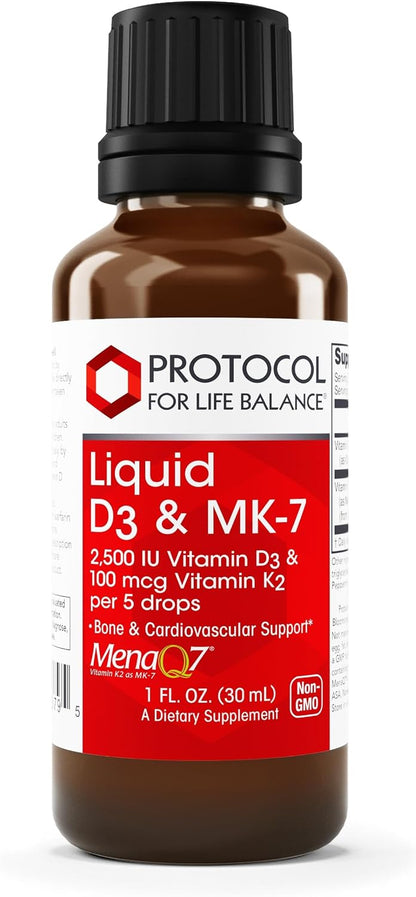 Protocol for Life Balance Liquid D3 and MK-7, 2500 IU Vitamin D3 & 100 mcg Vitamin K2, Bone and Cardiovascular Support, 30 ml