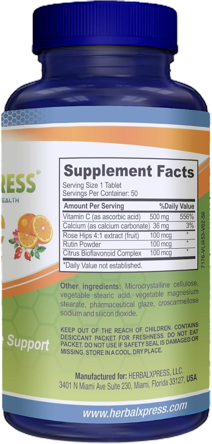 HerbalXpress Vitamin C 500mg with Rose Hips & Citrus Bioflavonoids - 50 Tablets - görsel 4