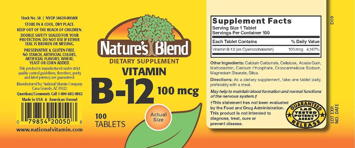 Nature's Blend Vitamin B12 100 mcg Tablets, 100 Tablets - görsel 2