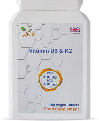 VED Vitamin D3 and K2 Supplement | 100 mcg D3 & 100 mcg K2 | Vegan | 180 Tablets (6-Month Supply)