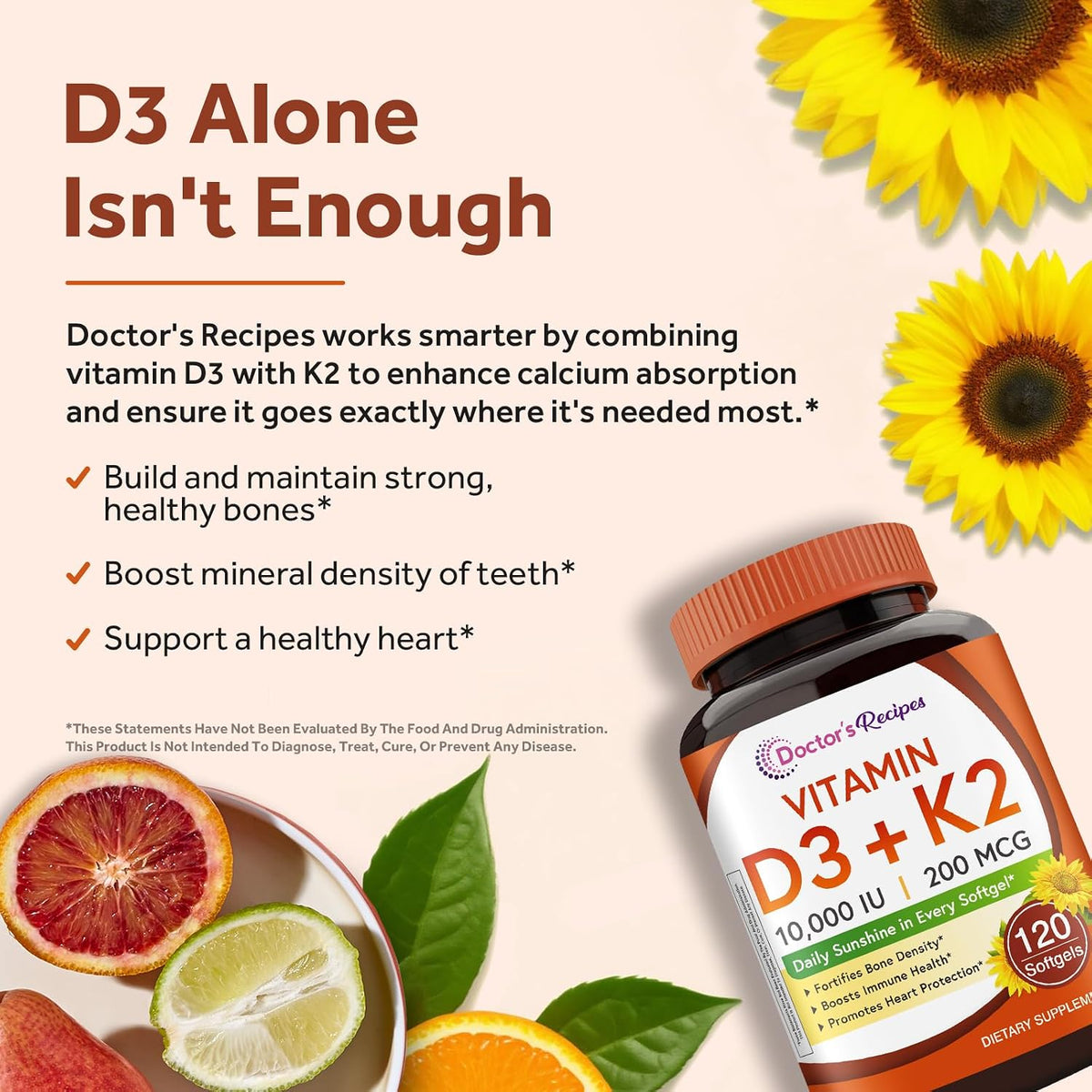 Doctor's Recipes Vitamin D3 K2, 10,000 IU, 200 mcg, MK-7, Supports Normal Bone Maintenance, Teeth, Immune Function, Blood Coagulation, Energy, Calcium Absorption, No Soya & Gluten, Non-GM, 120 Soft gel capsules - görsel 3
