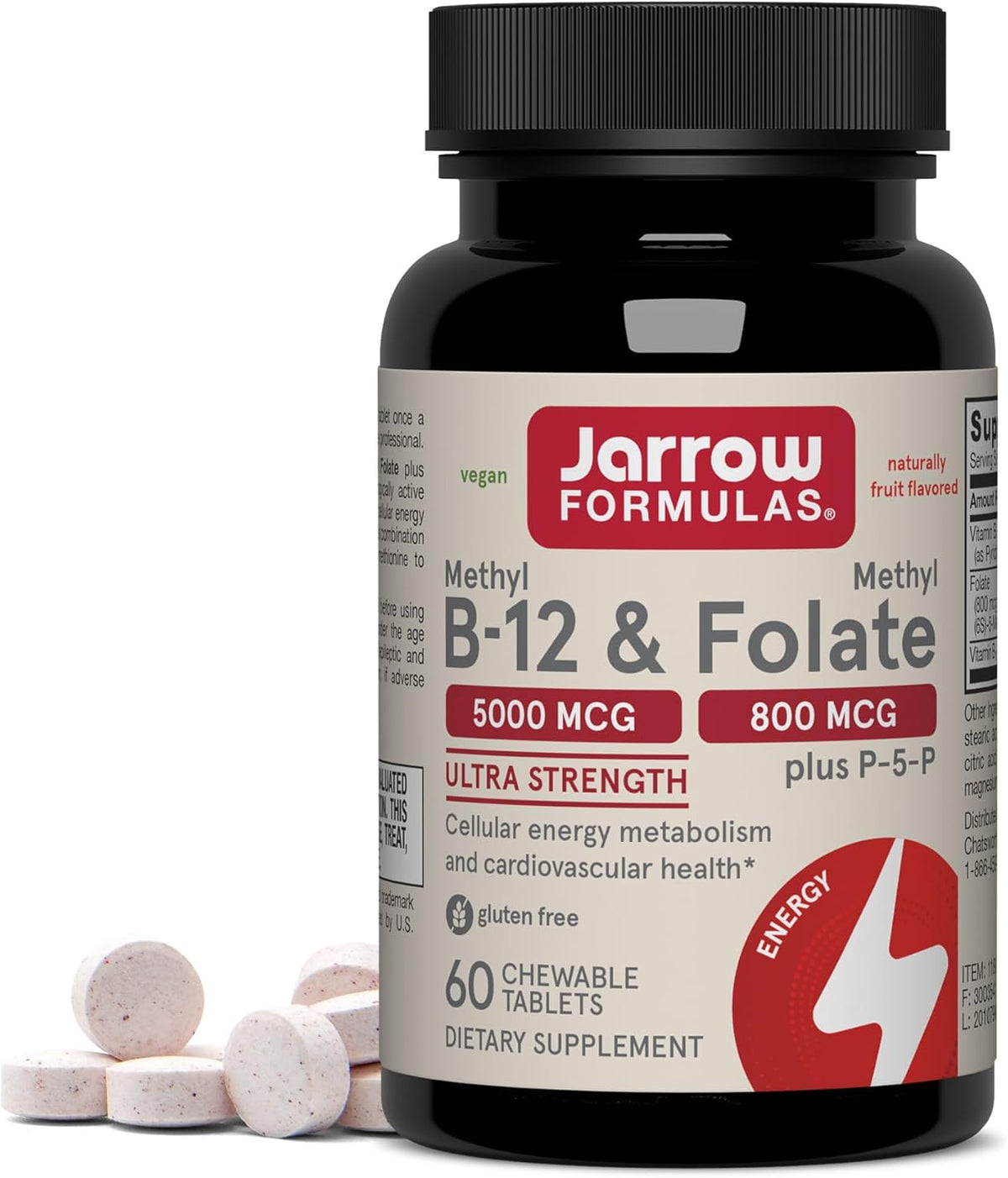 Jarrow Formulae Methyl B-12 & Methyl Folate – Bioactive B12 and B9 Supplement, 60 Chewable Tablets - görsel 1