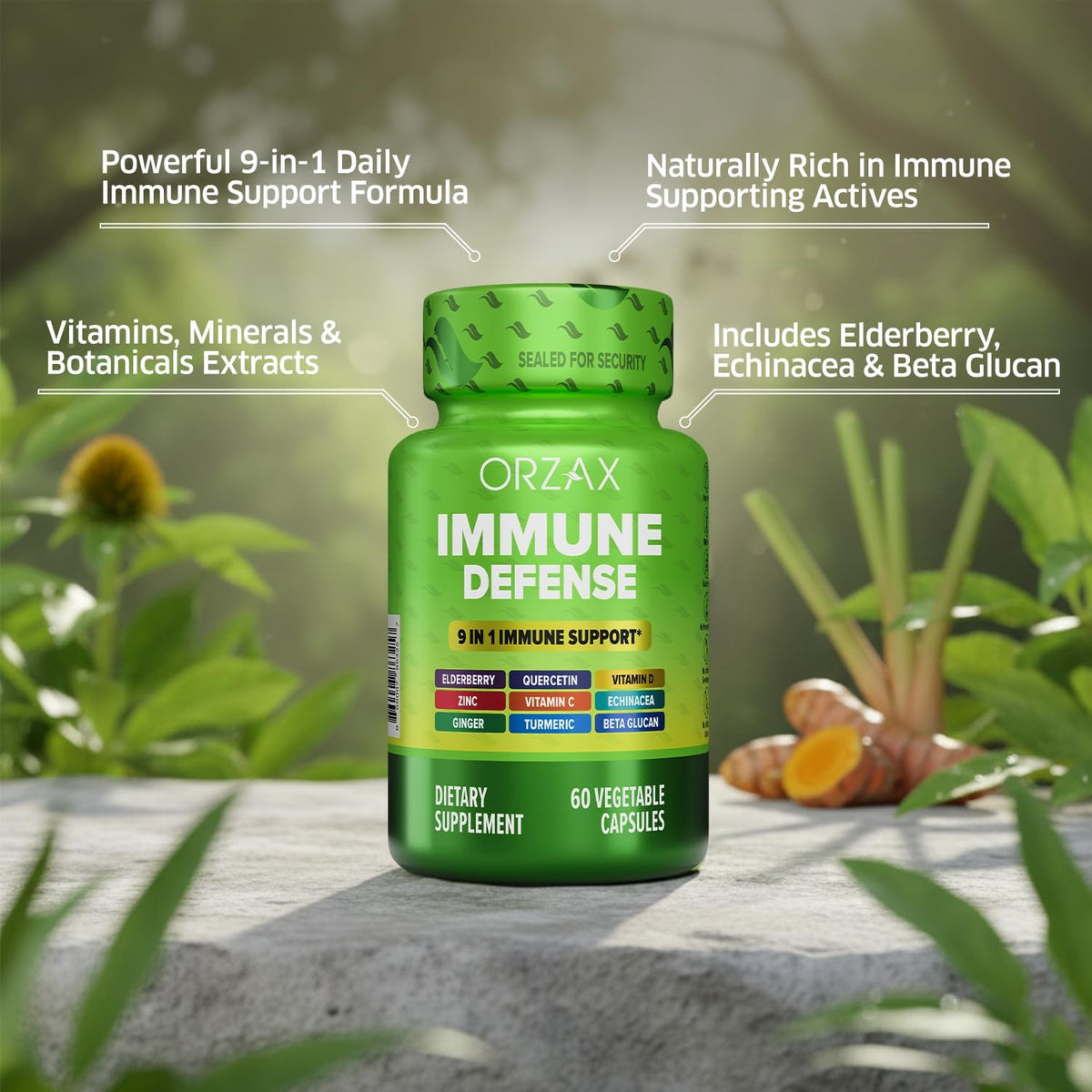 ORZAX 9 in 1 Immune Defence Supplement High Strength Vitamin C & D with Zinc, Quercetin, Turmeric & Ginger, Echinacea Capsules - Herbal Defence for Immune System Support - 60 Veg Capsules - görsel 3