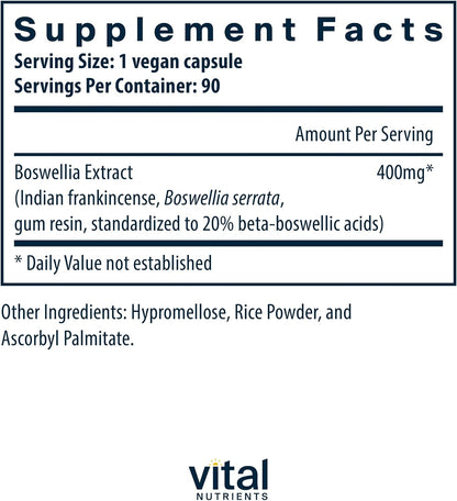 Vital Nutrients Boswellia Extract 400mg – Boswellia Serrata Capsules for Joint, Immune and Digestive Health