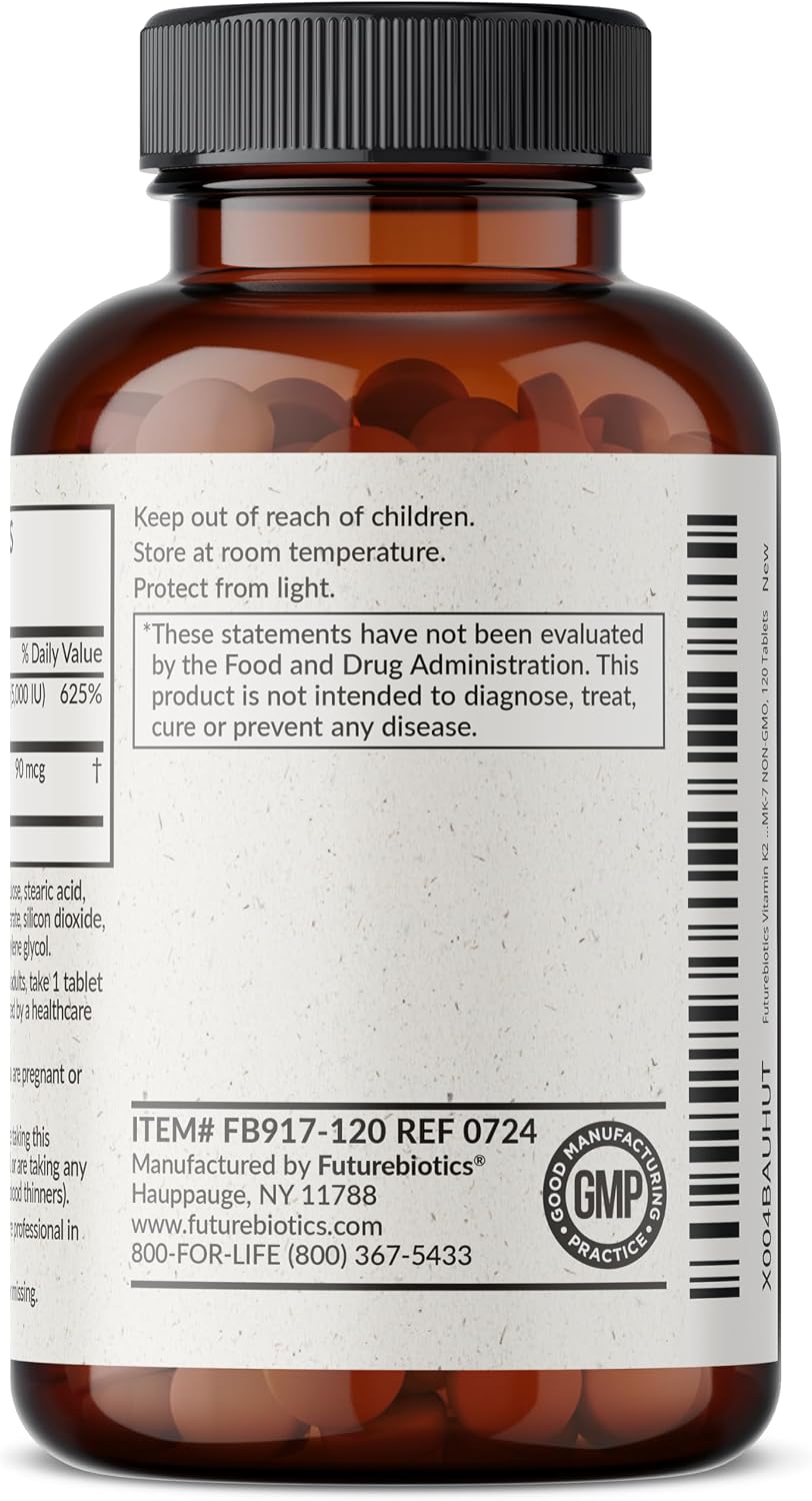 Futurebiotics Vitamin K2 with D3, 2 in 1 Support, 5000 IU Vitamin D3 & 90 mcg Vitamin K2 MK-7 Non-GMO, 120 Tablets - görsel 6