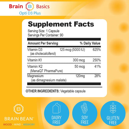 Brain Basic Opti D3 Plus - Vitamin D3 5000 IU with K1, K2, and Magnesium