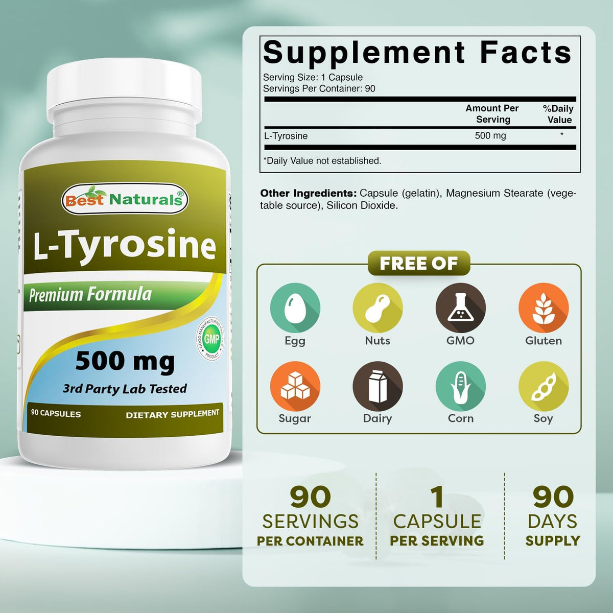 Best Naturals L-Tyrosine 500 mg, 90 Capsules - görsel 2
