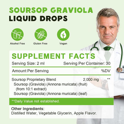 Organic Soursop Graviola Bitters Liquid Drops - Apple Flavour, 60 ml (30-Day Supply)