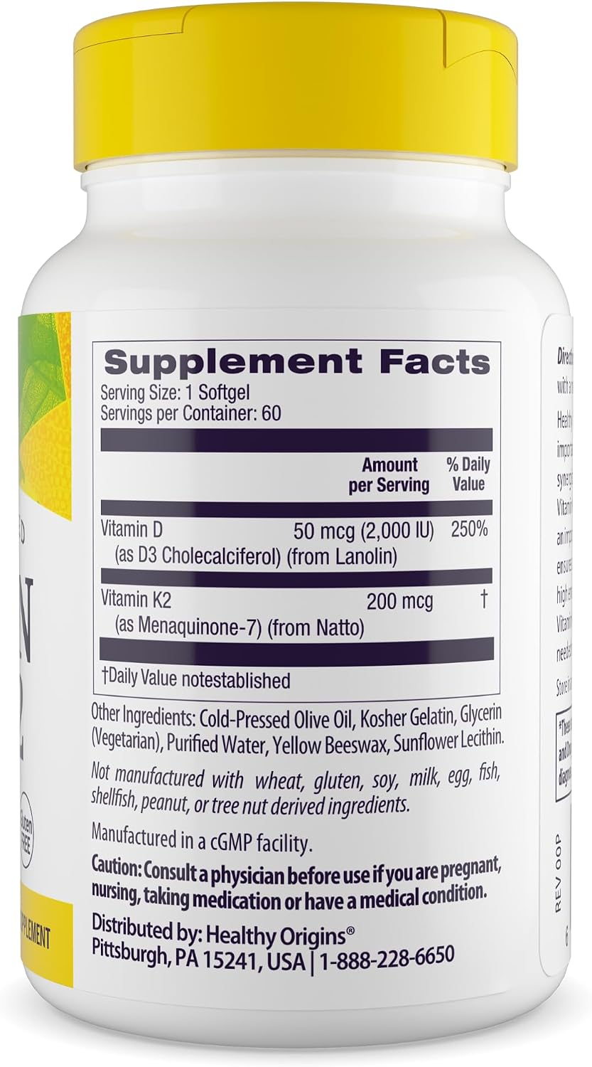 Healthy Origins Vitamin D3 & K2 - 2000 IU D3 & 200 mcg K2 - 60 Softgels - görsel 2