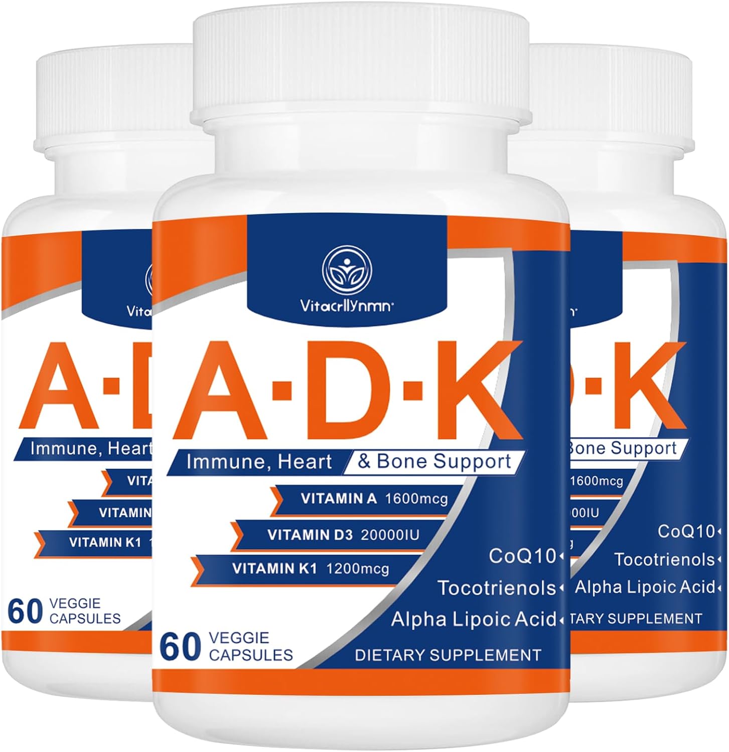 VITACRLLYNMN ADK Vitamin Supplement 20000 IU – High Potency Vitamins A, D3 and K for Bone, Heart and Immune Support, 180 Capsules - görsel 1