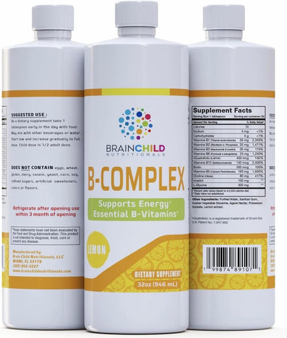 BrainChild B-Complex Liquid – Methylated B Vitamins for Energy, Stress & Mood – 473 ml (Lemon)