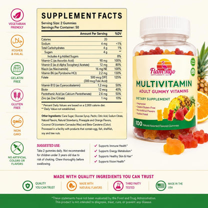 Flamingo Supplements Multivitamin Gummies | Vegan Friendly, Kosher Halal, No Gelatine, Non-GMO | for Men, Women & Kids | 3 Natural Flavours | Vitamins C, B3, B12, Biotin, Zinc & More | 100 Gummies