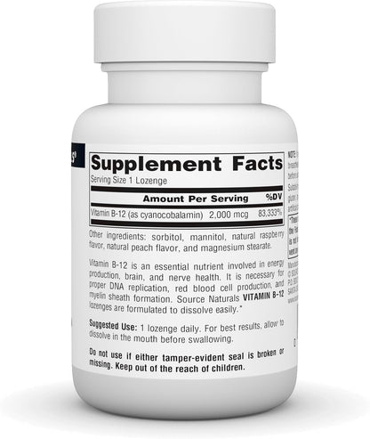 Source Naturals Vitamin B-12 2000 mcg Lozenges - Supports Energy Production - 50 Count