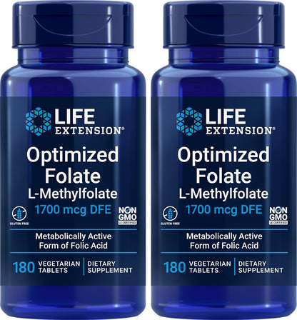 Life Extension Optimised Folate (L-Methylfolate) 1700 mcg DFE, 180 Veg Tablets (Pack of 2)