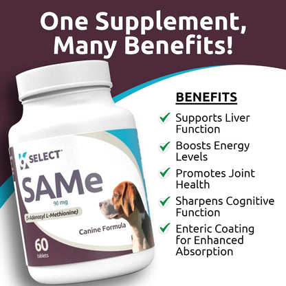 K9 Select SAM-e for Dogs – Liver and Joint Support Supplement for Small and Medium Dogs (90mg, 60 Enteric-Coated Tablets)