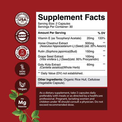 Natures Craft Vein Support Supplement – Horse Chestnut & Botanicals for Leg & Vein Health, Vegan, 60 Capsules