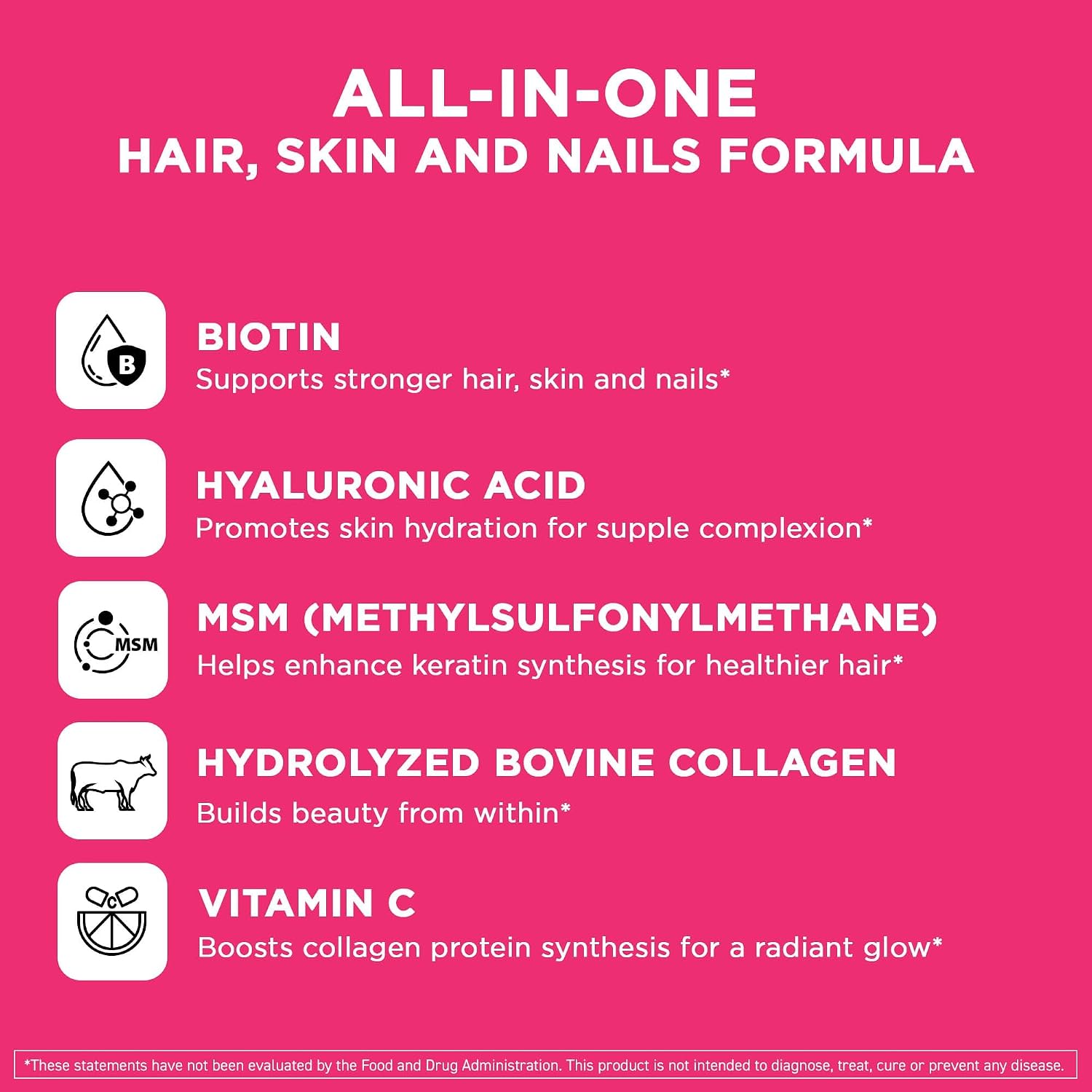 Vital Vitamins Biotin Complex Pills - with Hyaluronic Acid, MSM, Collagen, & Vitamin C - Supplement for Hair, Skin, & Nails - 60 Capsules - görsel 3