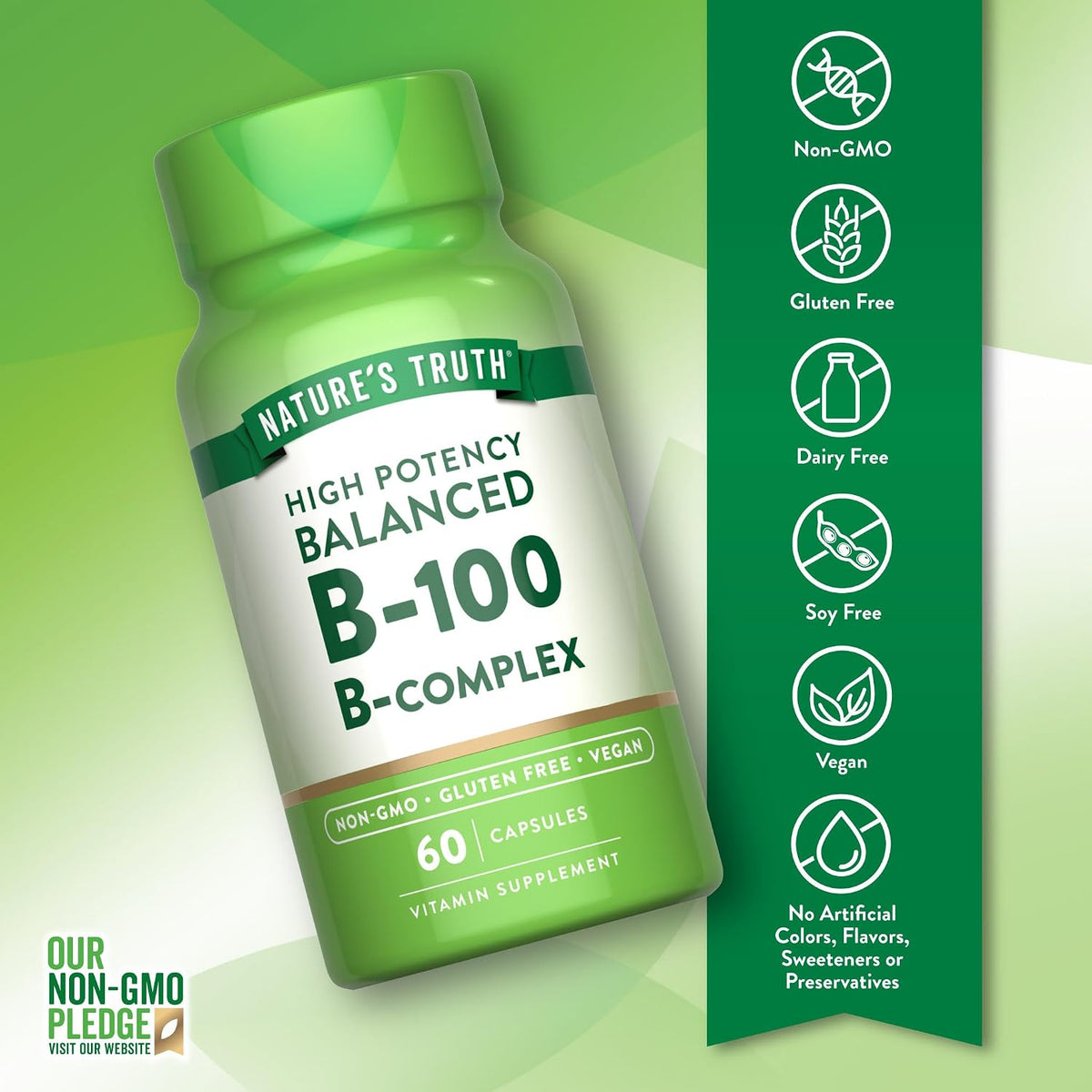Nature's Truth Vitamin B Complex, High Potency B-100, 60 Vegan Capsules - görsel 3