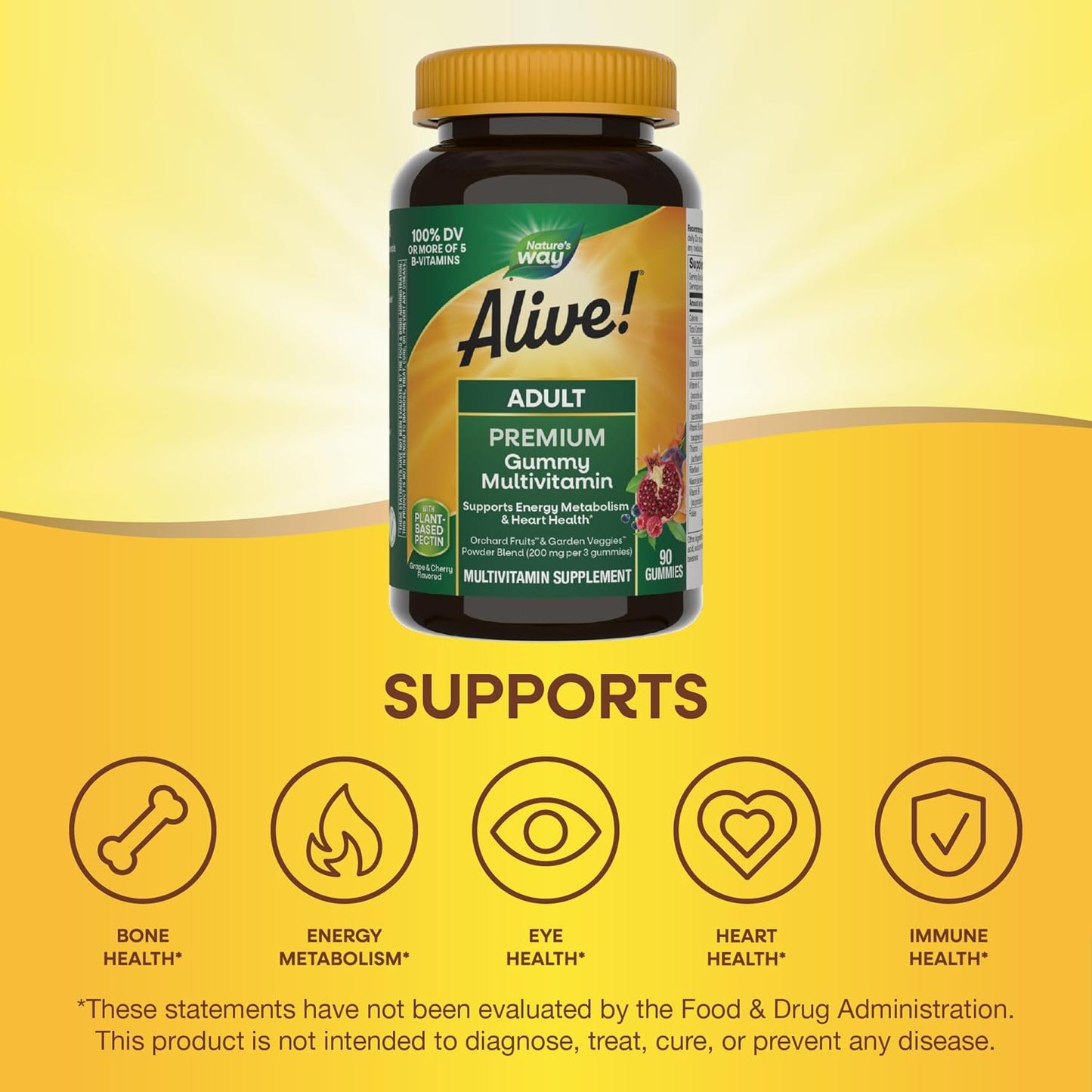 Nature's Way Alive! Adult Premium Multivitamin Gummies - Full B-Vitamin Complex, Supports Energy Metabolism & Heart Function, Grape & Cherry, 90 Count - görsel 3