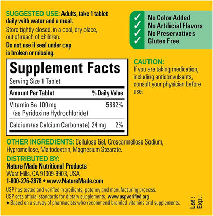Nature Made Vitamin B6 100mg Tablets, 100 Tablets