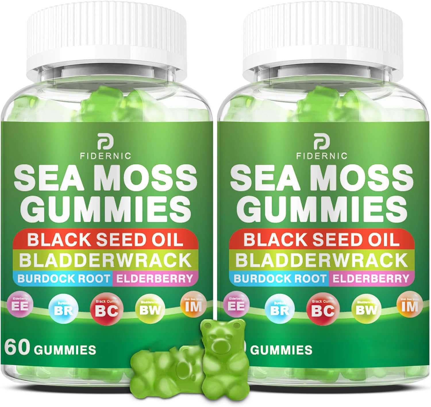 Sea Moss Gummies – Irish Sea Moss with Elderberry & Black Seed Oil, Bladderwrack, Burdock Root – Immune Health Support – Vegan Green Apple Flavour – 120 Gummies - görsel 1
