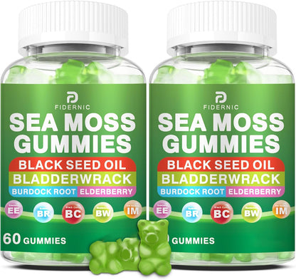 Sea Moss Gummies – Irish Sea Moss with Elderberry & Black Seed Oil, Bladderwrack, Burdock Root – Immune Health Support – Vegan Green Apple Flavour – 120 Gummies
