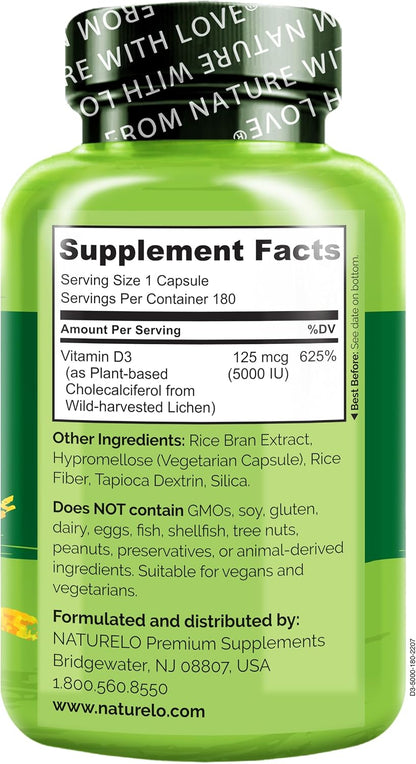 NATURELO Vitamin D - 5000 IU - Plant Based from Lichen - Natural D3 Supplement - Vegan - Non-GMO - Gluten-free - 180 Capsules