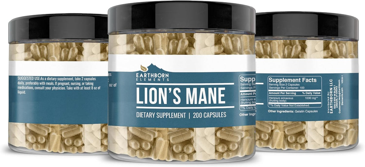 Earthborn Elements Lion’s Mane 200 Capsules, Pure & Undiluted, No Additives - görsel 4