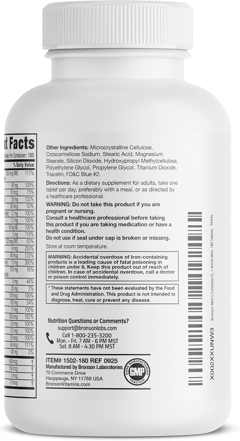 Bronson ONE Daily Men’s Complete Multivitamin Multimineral Once-Daily Multi for Active Men, 180 Tablets - görsel 7