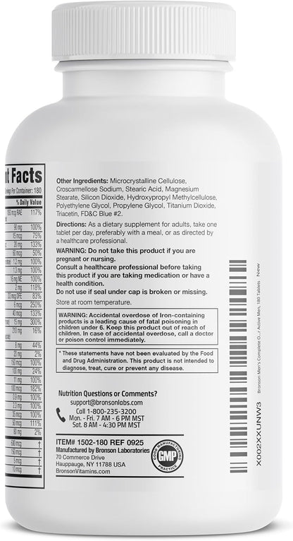 Bronson ONE Daily Men’s Complete Multivitamin Multimineral Once-Daily Multi for Active Men, 180 Tablets