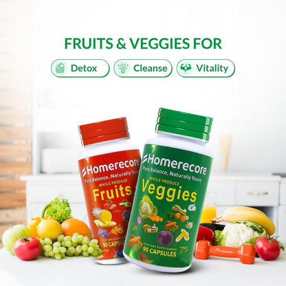 HOMERECORE Whole Food Fruit & Vegetable Supplement - 90 Fruit & 90 Vegetable Capsules