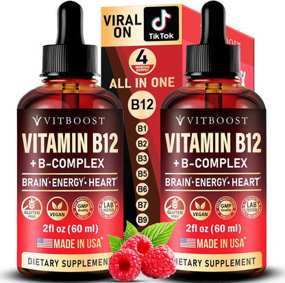 Vegan Vitamin B12 with B Complex 20 mg - Extra Strength for Men and Women - Raspberry Liquid Drops | Made in USA, B1, B2, B3, B5, B6, Biotin, Folic Acid & B12 Methylcobalamin | 4 Months Supply