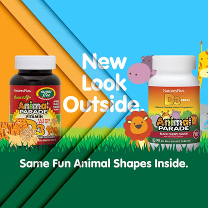 Natures Plus Animal Parade Sugar-Free Children's Vitamin D3 - 500 IU - Black Cherry Flavour - 90 Chewable Animal Shaped Tablets