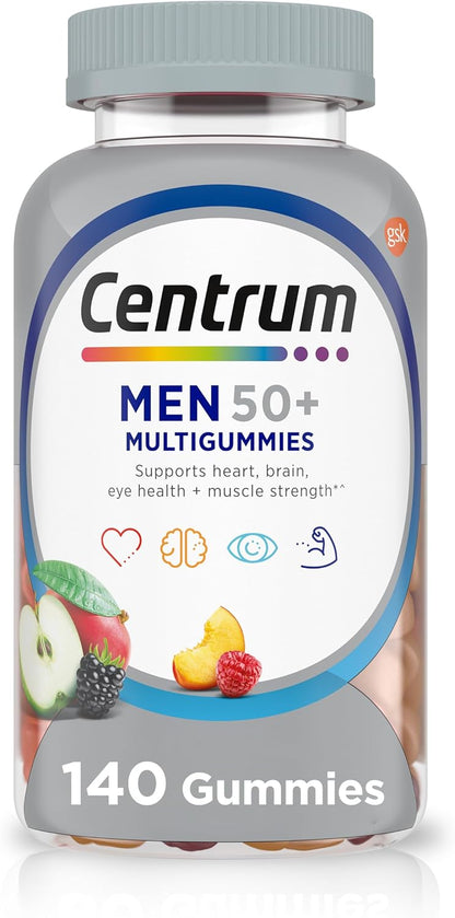 Centrum MultiGummies for Men 50 Plus, Multivitamin/Multimineral Supplement with Vitamins D3, E, B6 and B12, Assorted Fruit Flavour, 140 Count