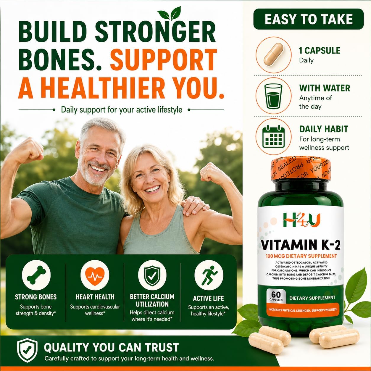 H4U Vitamin K2 MK-7 100 mcg – 60 Veggie Capsules – Supports Bone & Heart Health - görsel 5
